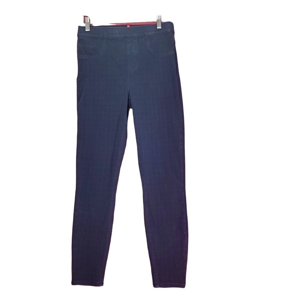 Spanx Women Preppy Classic Jeggings M Navy Blue Plaid Skinny Jean-ish Pants